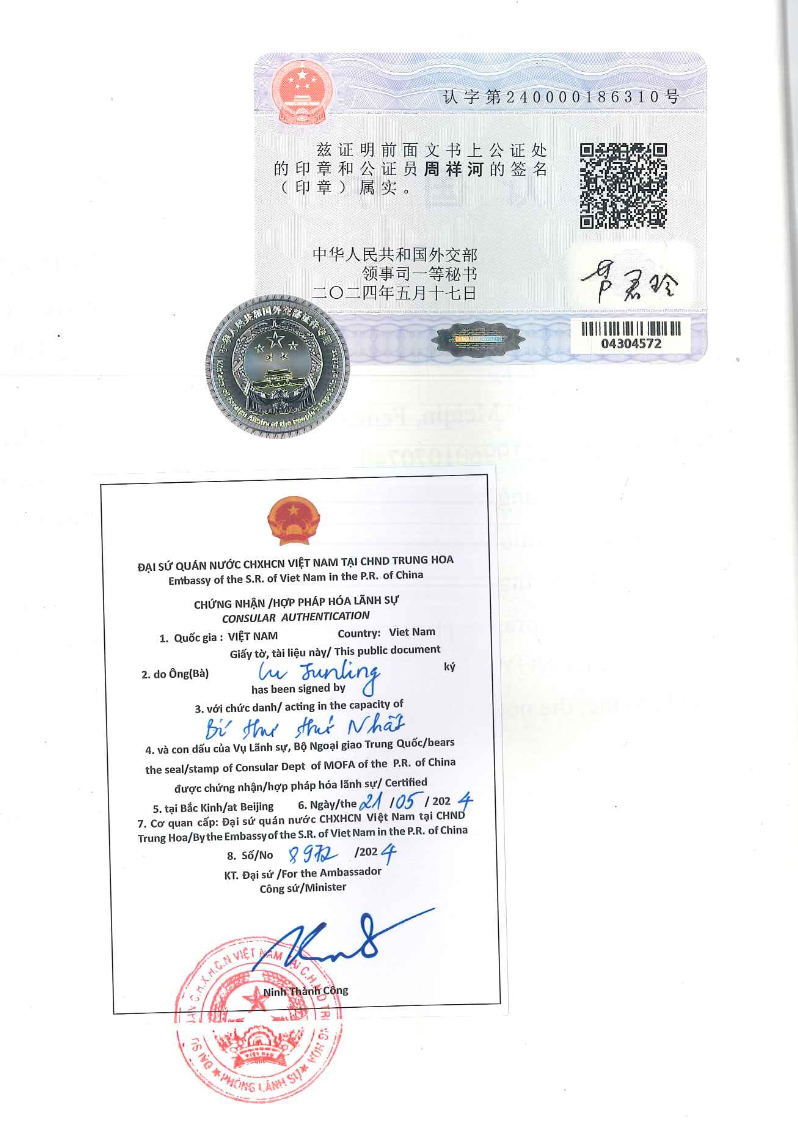 Consular Legalization by Vietnam Embassy in China