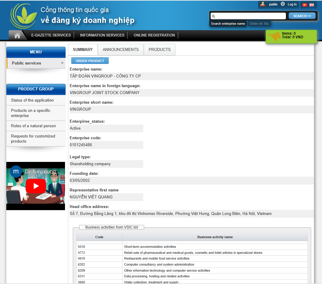 Free information about an enterprise in Vietnam