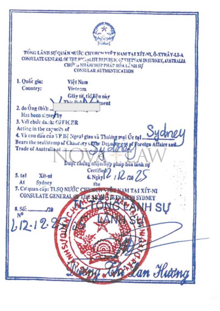 Consular legalization stamp issued by Vietnam Embassy in Australia