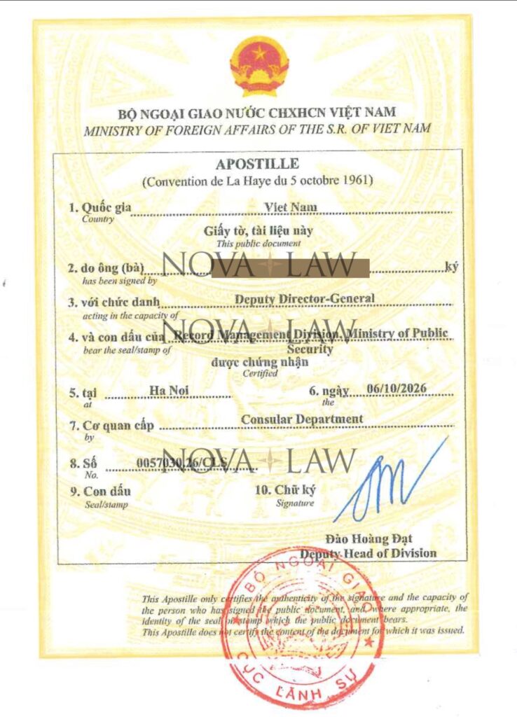 Sample Vietnam Apostille Stamp on a Police Clearance Certificate (processed by Nova Law Vietnam)
