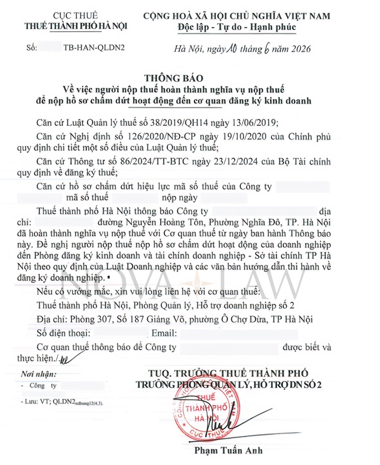 Tax notification for a tax code closure