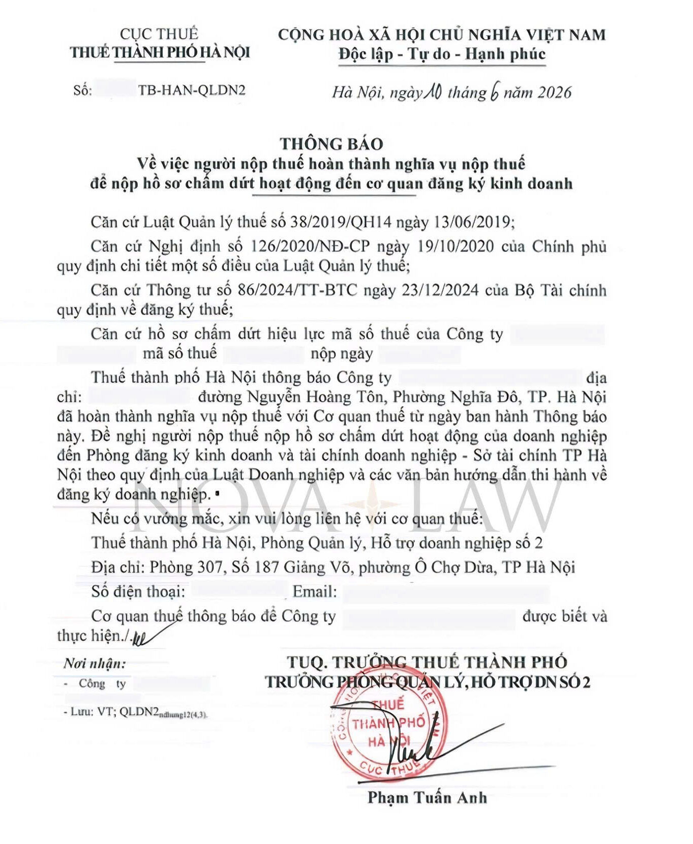 Thông báo người nộp thuế hoàn thành nghĩa vụ thuế