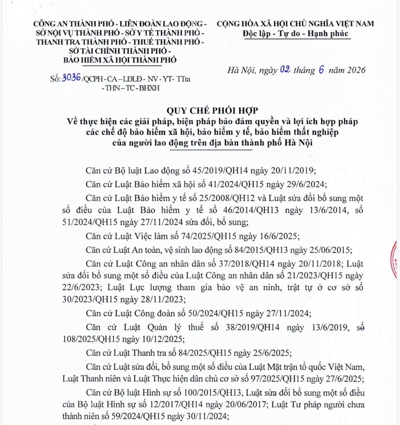 Quy chế phối hợp số 3036/QCPH-CA-LĐLĐ-NV-YT-TTra-THN-TC-BHXH