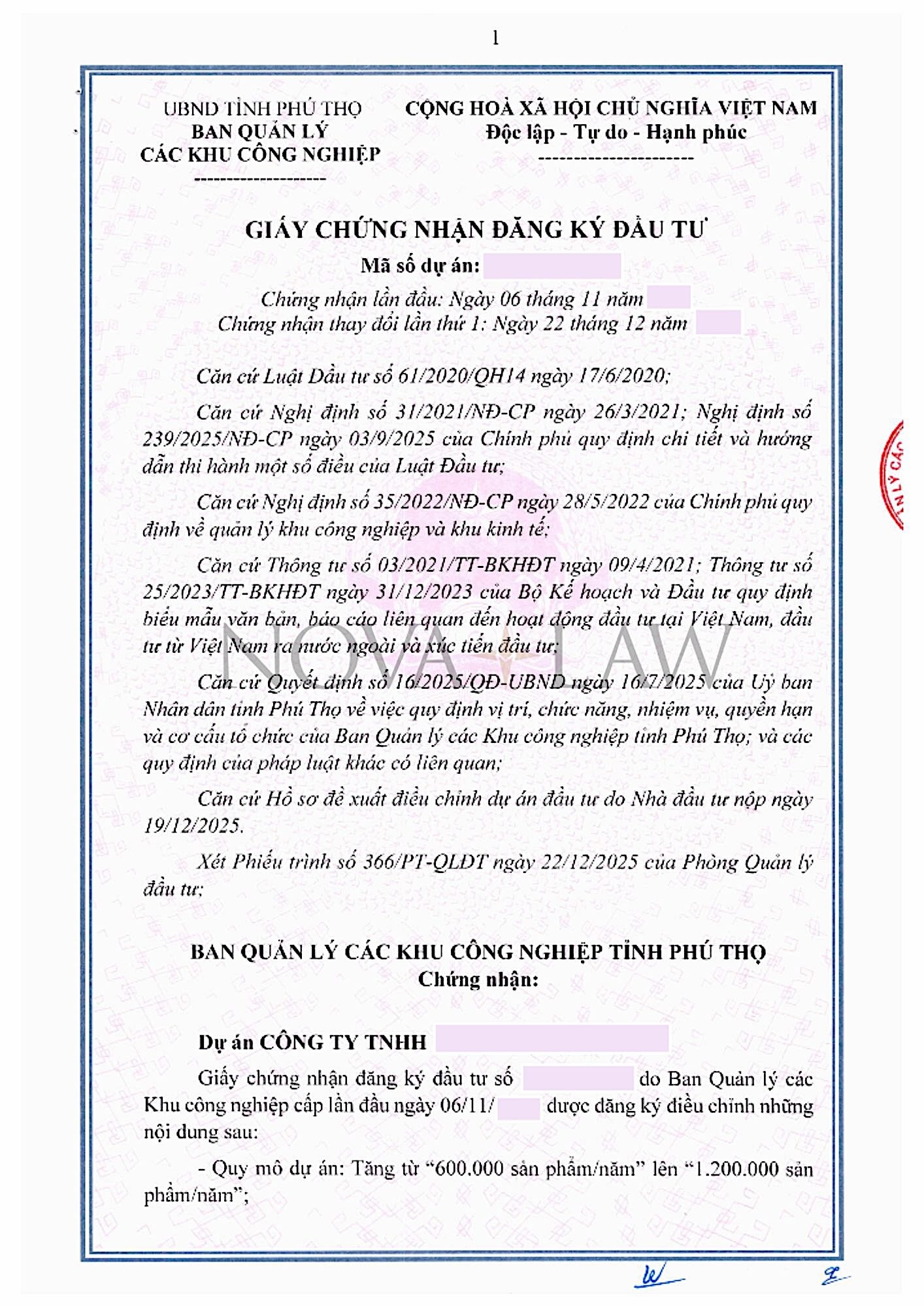 Mẫu giấy chứng nhận đăng ký đầu tư của dự án sản xuất